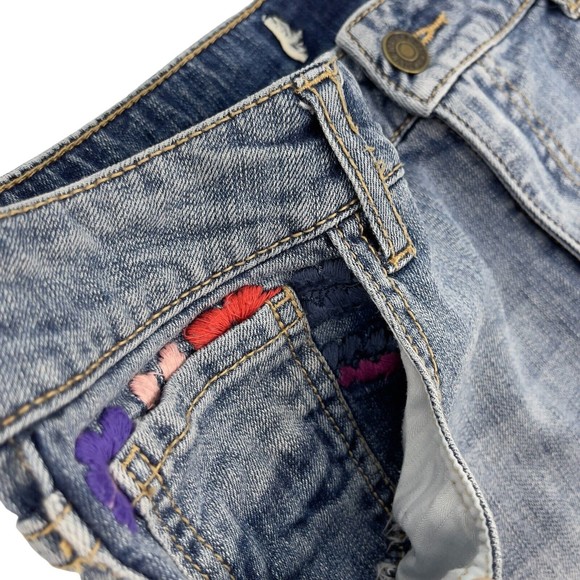 Forever 21 Womens Mid Rise Denim Blue Jean Shortie Shorts Floral Embroidered 0/2 - Picture 4 of 7